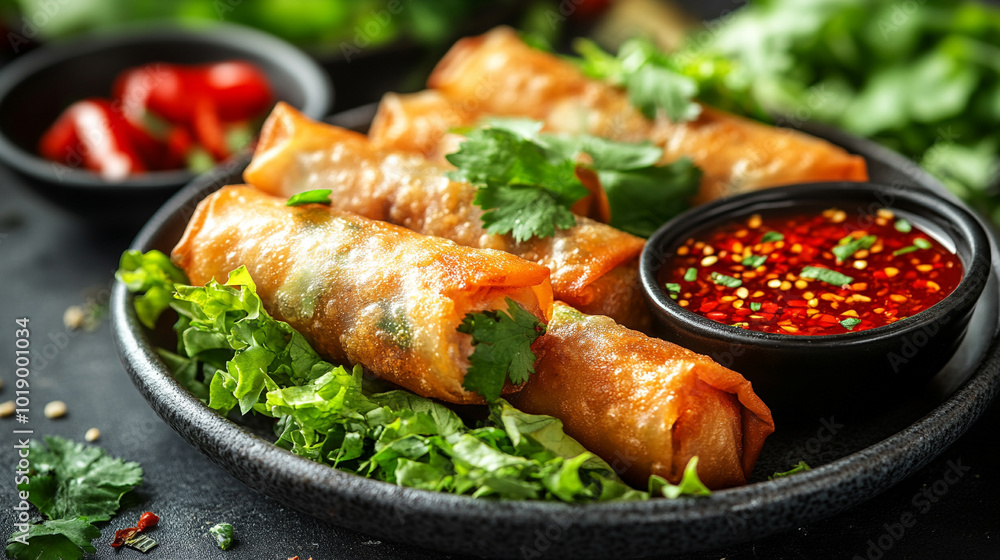 Crispy spring rolls elegantly plated on a bed of fresh lettuce, showcasing a vibrant presentation that symbolizes culinary creativity and the joy of sharing delicious food Crispy spring rolls elegantly plated on a bed of fresh lettuce, showcasing a vibrant presentation that symbolizes culinary creativity and the joy of sharing delicious food