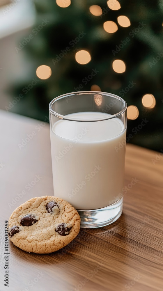 Enjoy a serene evening as a glass of milk and cookies sit on the table in front of a glowing electric fireplace, with a twinkling Christmas tree in the background Enjoy a serene evening as a glass of milk and cookies sit on the table in front of a glowing electric fireplace, with a twinkling Christmas tree in the background