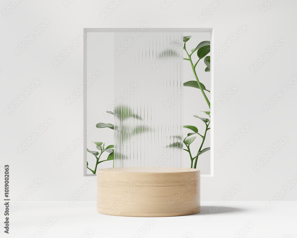 3D rendering white platform podium with tropical plant product presentation background 3D rendering white platform podium with tropical plant product presentation background