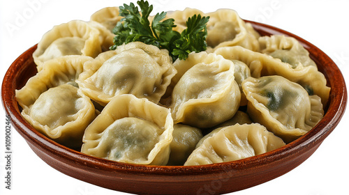 traditional Chinese bowl filled with steaming dumplings, symbolizing warmth, togetherness, and cultural heritage. The rustic brown bowl enhances the dish's authenticity and visual appeal