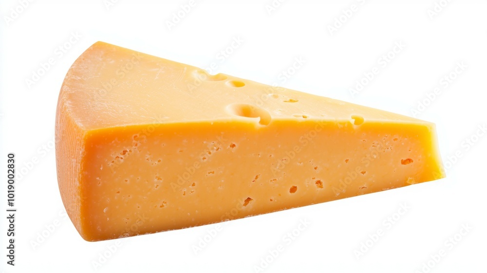 A close-up of a wedge of orange cheese highlighting its smooth texture and characteristic holes A close-up of a wedge of orange cheese highlighting its smooth texture and characteristic holes