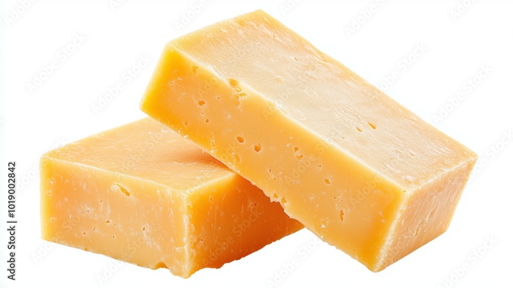 Two blocks of cheddar cheese stacked on each other showcasing their smooth texture and rich color Two blocks of cheddar cheese stacked on each other showcasing their smooth texture and rich color