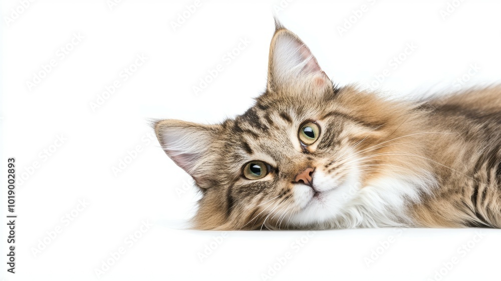 Adorable Maine Coon cat relaxing on a white background, showcasing its playful and curious personality Adorable Maine Coon cat relaxing on a white background, showcasing its playful and curious personality