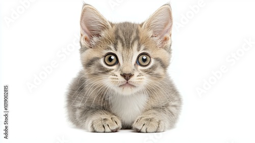 Adorable gray tabby kitten lying down with big expressive eyes on a white background