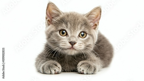 A playful gray kitten with curious eyes rests on a white background, showcasing its playful nature and charm