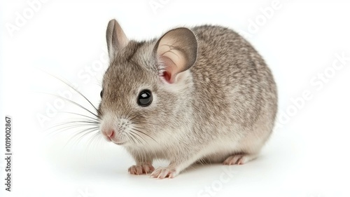 A cute little mouse with soft gray fur and large ears sits quietly against a white background in a calm setting