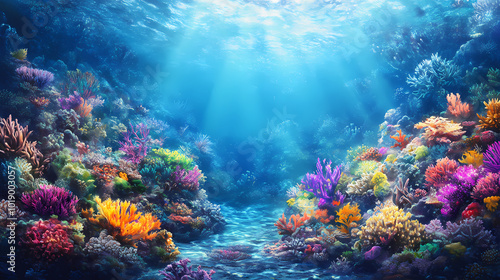 Fototapeta Naklejka Na Ścianę i Meble -  Fantastic alien landscape, a colourful fantasy coral reef lagoon, book cover or wallpaper. Coral Reef Lagoon. Illustration