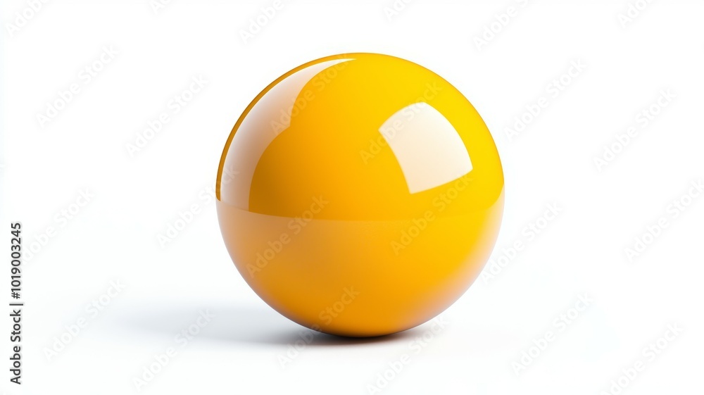 A glossy yellow sphere positioned on a white surface, reflecting light in a bright indoor setting A glossy yellow sphere positioned on a white surface, reflecting light in a bright indoor setting