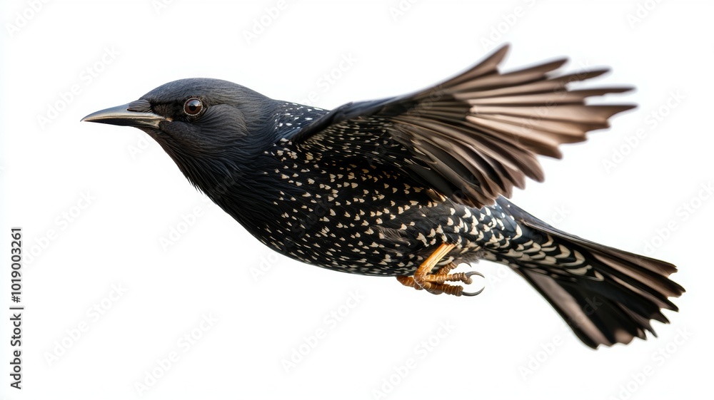 Obraz premium A starling in mid-flight showcasing its unique feather pattern against a white background