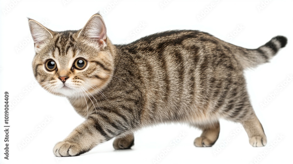 Fototapeta premium A playful striped kitten exploring its surroundings on a white background in bright natural light