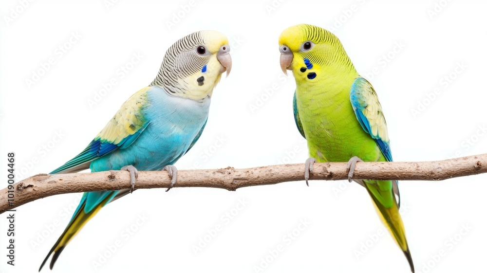 Colorful budgerigars perched on a branch with vibrant plumage in a bright, clean background Colorful budgerigars perched on a branch with vibrant plumage in a bright, clean background
