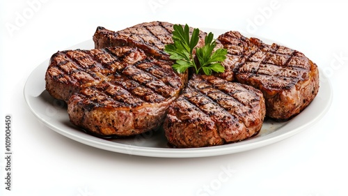 Grilled meat cuts served on a white plate with fresh parsley garnish on a sunny afternoon