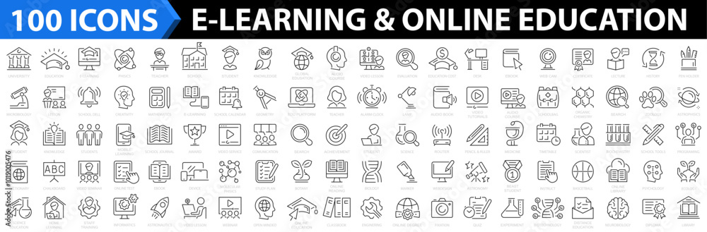 E-learning 100 icon set. Online Education icon collection. Distance learning. Video tuition, online course, audio course, digital education, educational website and more. Vector illustration E-learning 100 icon set. Online Education icon collection. Distance learning. Video tuition, online course, audio course, digital education, educational website and more. Vector illustration