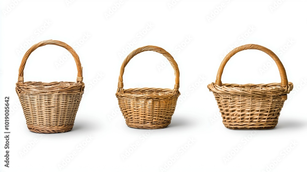 Handwoven wicker baskets in various sizes displayed against a white background Handwoven wicker baskets in various sizes displayed against a white background