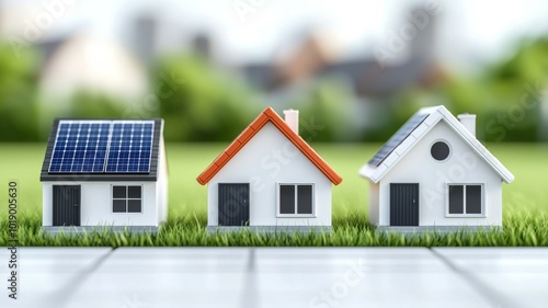 Wallpaper Mural A row of miniature houses with solar panels on rooftops in a green outdoor setting under bright skies Torontodigital.ca