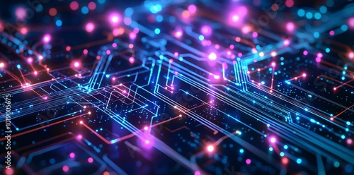 Illustration of a futuristic circuit board on a dark background. A 3D rendering of the image