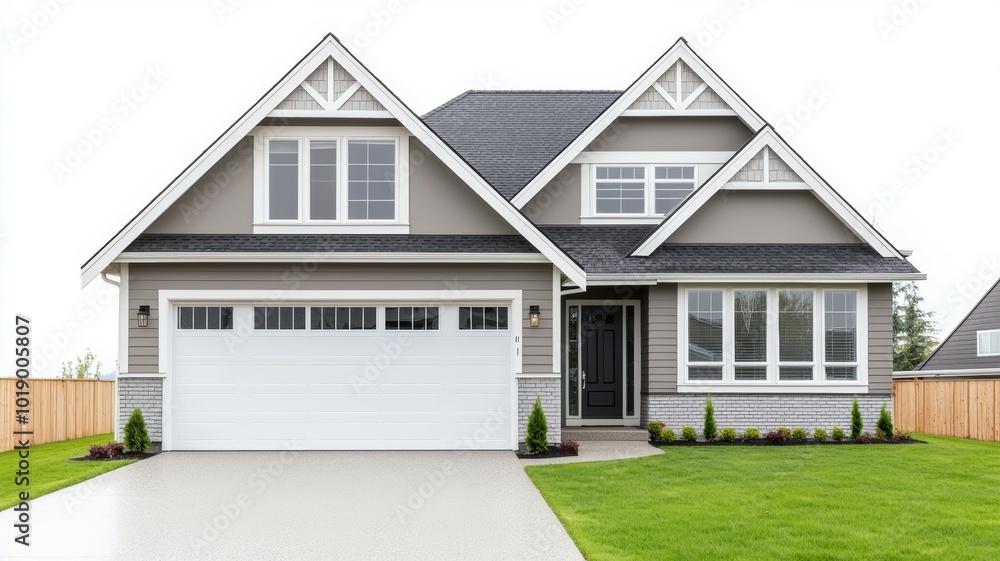 Modern suburban house with a well-maintained lawn in a quiet neighborhood on a sunny day Modern suburban house with a well-maintained lawn in a quiet neighborhood on a sunny day