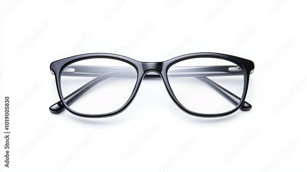 Stylish black eyeglasses with a sleek design on a plain white background Stylish black eyeglasses with a sleek design on a plain white background