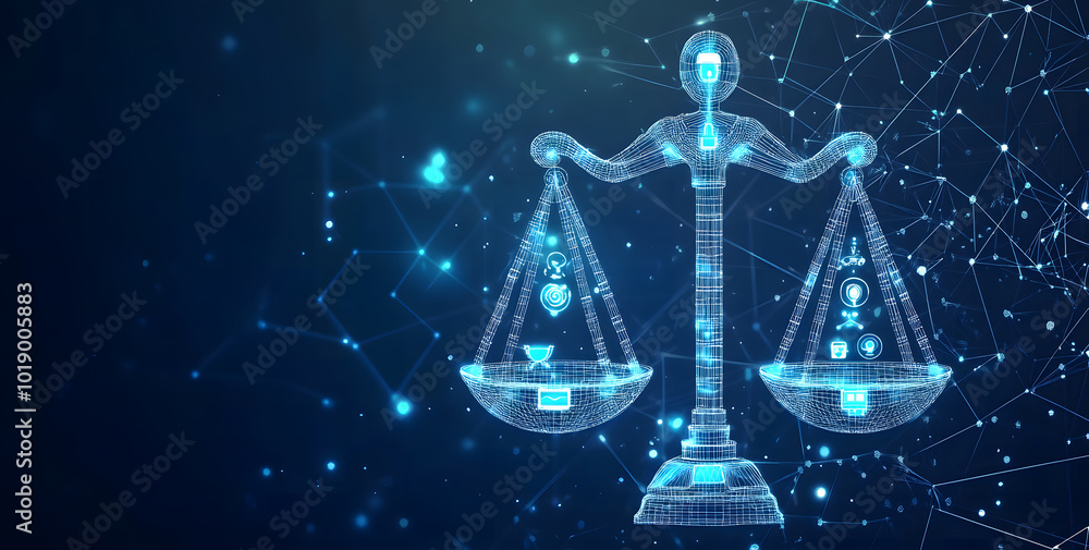 Concept of AI law, artificial intelligence regulations in futuristic glowing low polygonal style with brain and scale symbols on dark blue background design