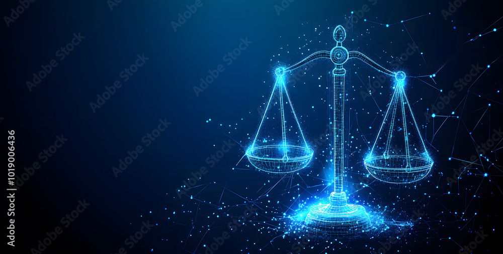 Concept of AI law, artificial intelligence regulations in futuristic glowing low polygonal style with brain and scale symbols on dark blue background design Concept of AI law, artificial intelligence regulations in futuristic glowing low polygonal style with brain and scale symbols on dark blue background design