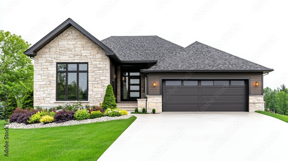 Modern single-story house with a manicured lawn and stylish exterior in a suburban neighborhood Modern single-story house with a manicured lawn and stylish exterior in a suburban neighborhood