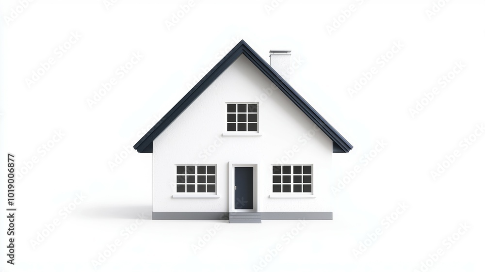 Simple white house with black roof and gray foundation on a plain background Simple white house with black roof and gray foundation on a plain background