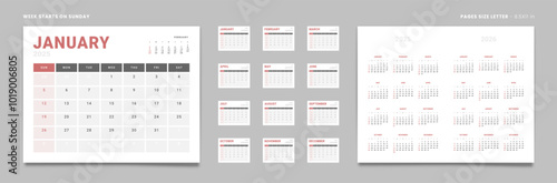 Set of 12 Pages Monthly Calendar Planner Templates and annual. Vector layout of a wall or desktop calendar with the week starting on Sunday ready for printing. Page size Letter -8.5x11