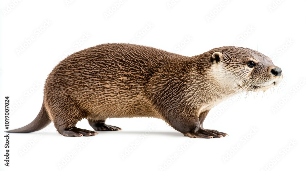 A playful otter stands poised on its legs, showcasing its sleek fur in a bright, clean environment A playful otter stands poised on its legs, showcasing its sleek fur in a bright, clean environment