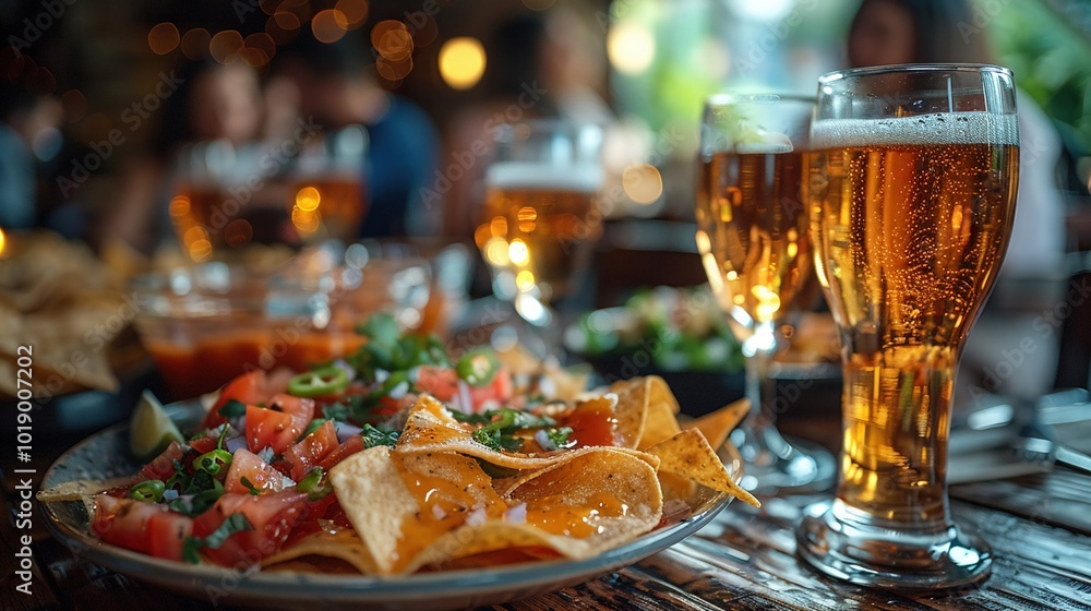 A group of friends sharing a plate of nachos at a restaurant. A group of friends sharing a plate of nachos at a restaurant.