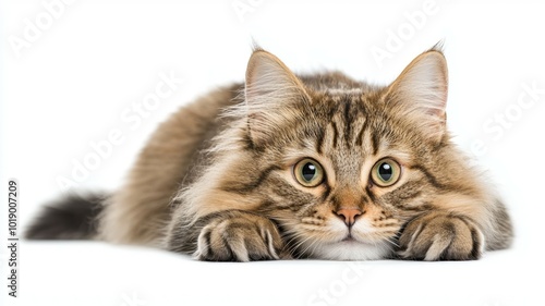 Adorable tabby cat lying down on a white surface, showcasing its curious expression and playful demeanor