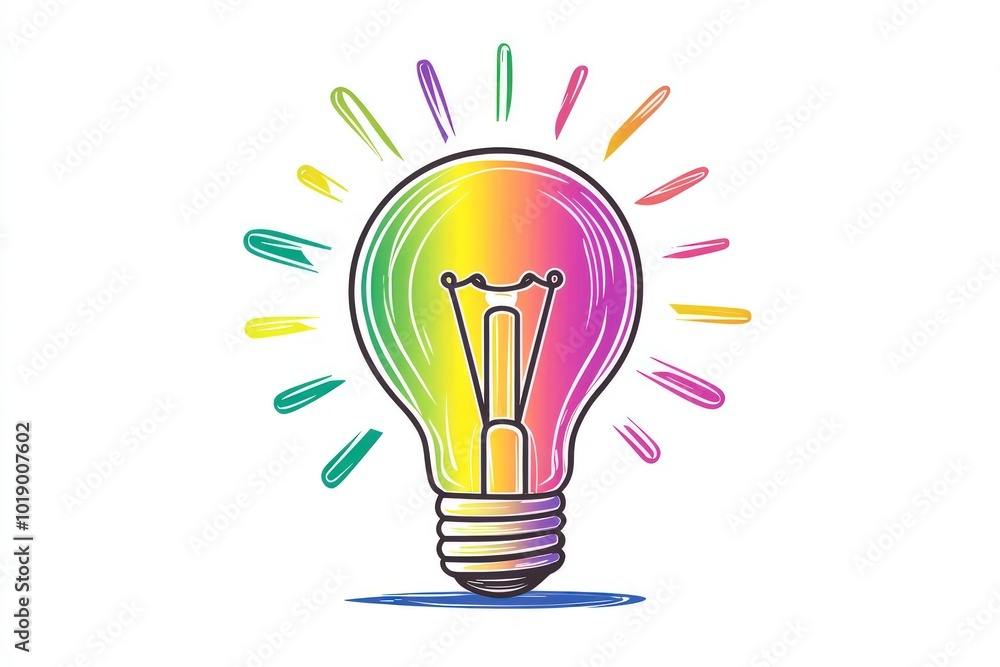 Whimsical cartoon light bulb in rainbow gradient line art