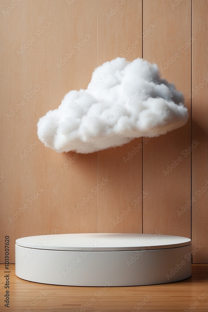 Abstract beige background with white cumulus, sunlight rays, square golden frame and empty podium. Modern minimal showcase scene for product presentation Abstract beige background with white cumulus, sunlight rays, square golden frame and empty podium. Modern minimal showcase scene for product presentation