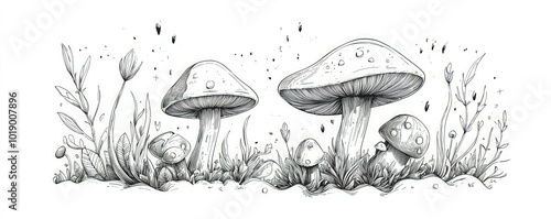 Whimsical inedible mushroom with magical elements in line art
