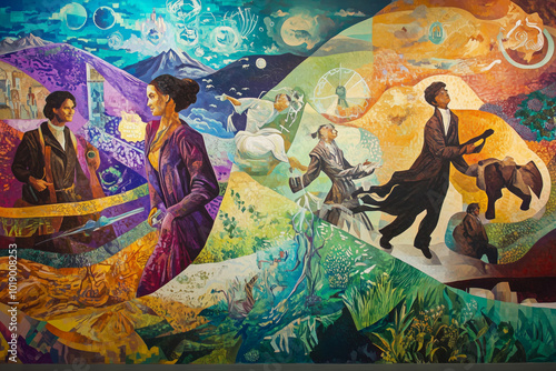 A vibrant mural illustrating the journey of diverse figures through time and nature in an urban landscape