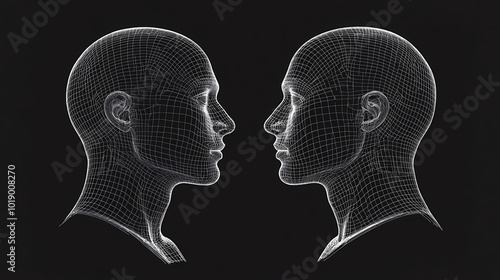 Human head 3d wireframe front and side view. 3D Wireframe. Illustration #1019008270