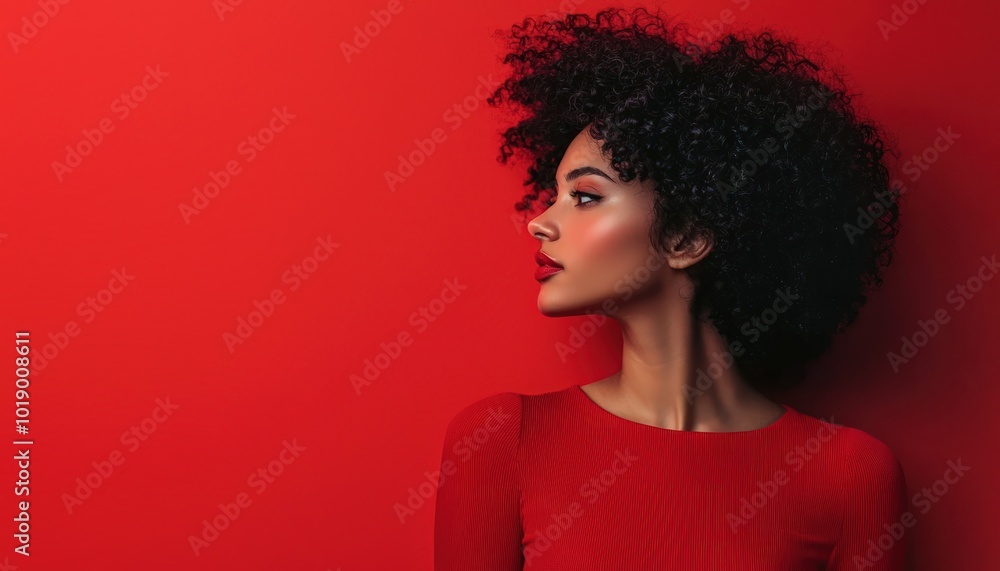 Woman in a striking red top against a red background, bold and assertive. Woman in a striking red top against a red background, bold and assertive.