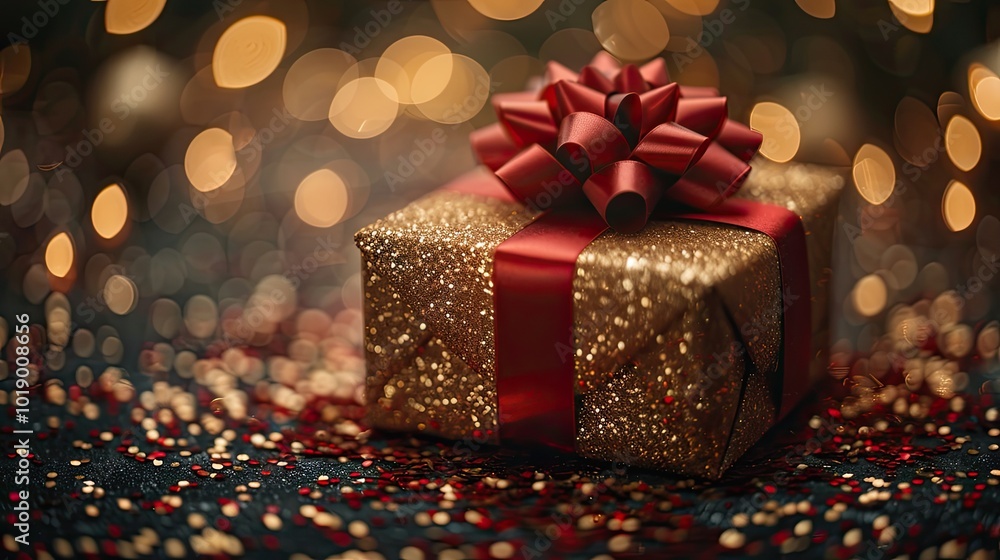 Christmas or Birthday gift box with red ribbon against golden lights and bokeh background. Holiday greeting card. Christmas or Birthday gift box with red ribbon against golden lights and bokeh background. Holiday greeting card.