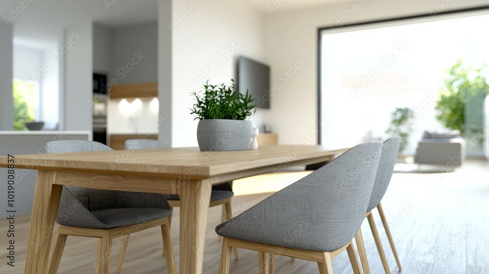 Modern dining area with wooden table and stylish chairs in a bright, open space with plants and natural light Modern dining area with wooden table and stylish chairs in a bright, open space with plants and natural light
