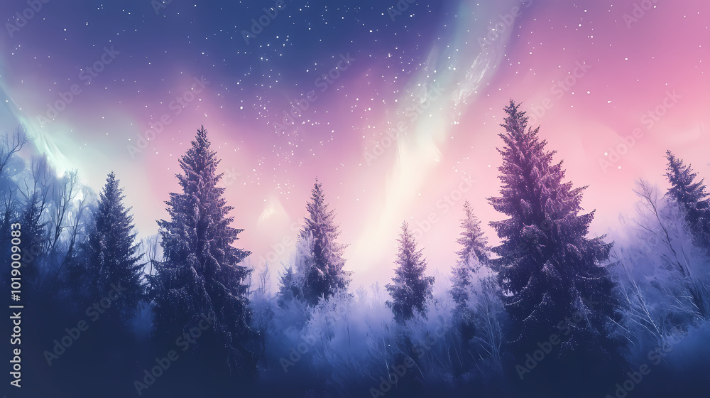 Illustration generated with ai of northern lights over snowy forest. Snowy Pine Forest. Illustration Illustration generated with ai of northern lights over snowy forest. Snowy Pine Forest. Illustration