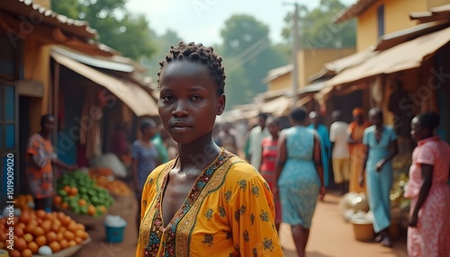 Portrait of a young woman in a yellow dress in a busy African marketplace.
