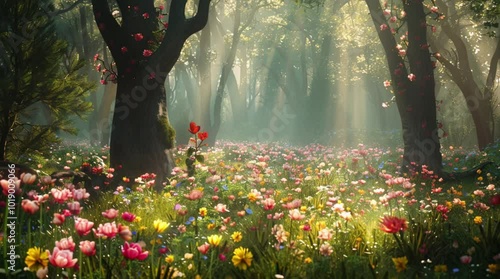 Enchanting flower field under towering trees in a fantasy forest with soft sun rays, creating a magical and serene atmosphere.
 Seamless looping 4k time-lapse virtual video animation Generated AI