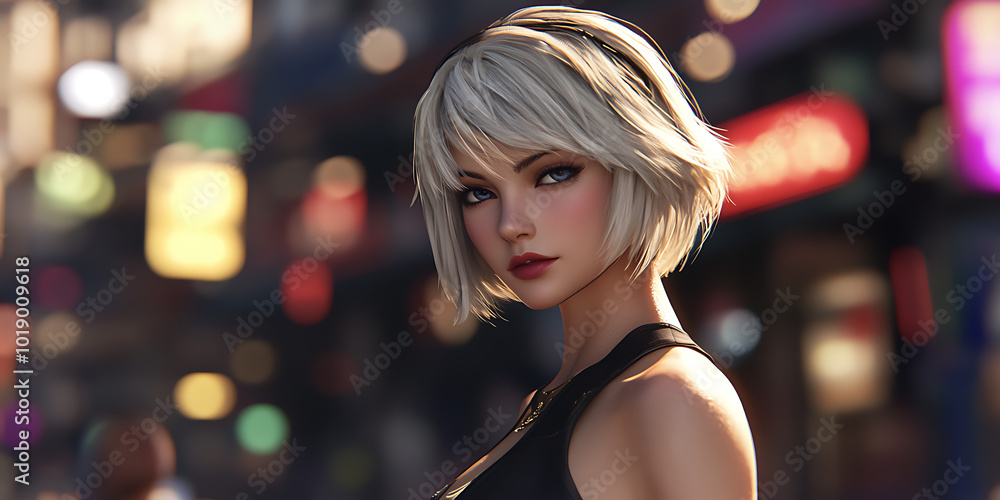 Fototapeta premium City Lights, Urban Glamour: A stunning portrait of a young woman with a captivating gaze, framed by a city backdrop with sparkling bokeh lights, capturing a sense of mystery and allure. 