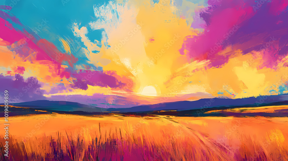 Fototapeta premium Impressionist landscape with vibrant brushstrokes. Impressionist Sky. Illustration