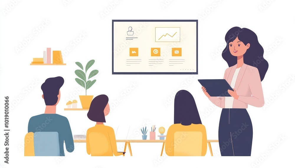 Woman presenting on a tablet to a group, illustrating teamwork and digital communication. Woman presenting on a tablet to a group, illustrating teamwork and digital communication.