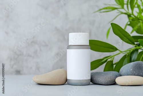 A Closeup of a Lotion Bottle With a Blank White Label in an Elegant Studio, Rocks, Plant and Natural Elements in Background, Display Advertisment, Lotion Bottle Mockup, Beauty Product Mockup