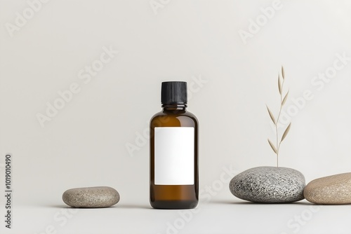 A Closeup of a Lotion Bottle With a Blank White Label in an Elegant Studio, Rocks, Plant and Natural Elements in Background, Display Advertisment, Lotion Bottle Mockup, Beauty Product Mockup