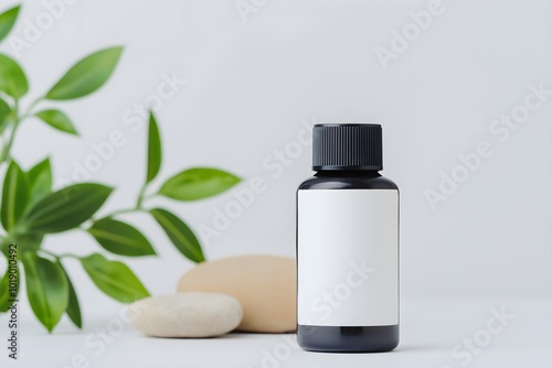 A Closeup of a Lotion Bottle With a Blank White Label in an Elegant Studio, Rocks, Plant and Natural Elements in Background, Display Advertisment, Lotion Bottle Mockup, Beauty Product Mockup