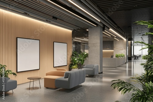 An interior 3D rendering of a modern co-working office with furniture and empty white mockup banners on the wall.