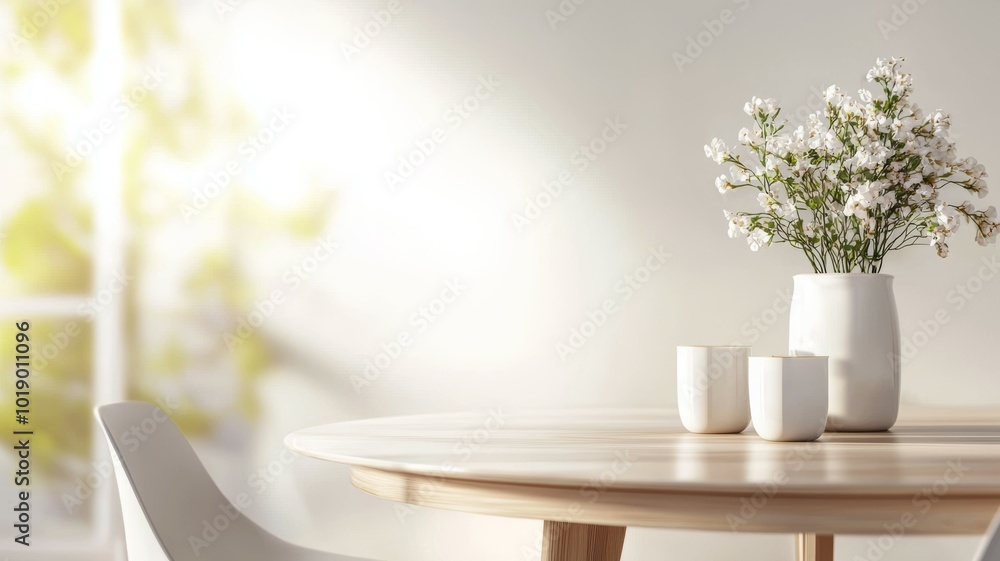 A softly lit dining space featuring a wooden table with a vase of fresh flowers and minimalist decor in the morning A softly lit dining space featuring a wooden table with a vase of fresh flowers and minimalist decor in the morning