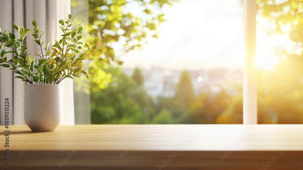 Morning sunlight streams through a window highlighting a potted plant on a wooden table in a cozy room Morning sunlight streams through a window highlighting a potted plant on a wooden table in a cozy room